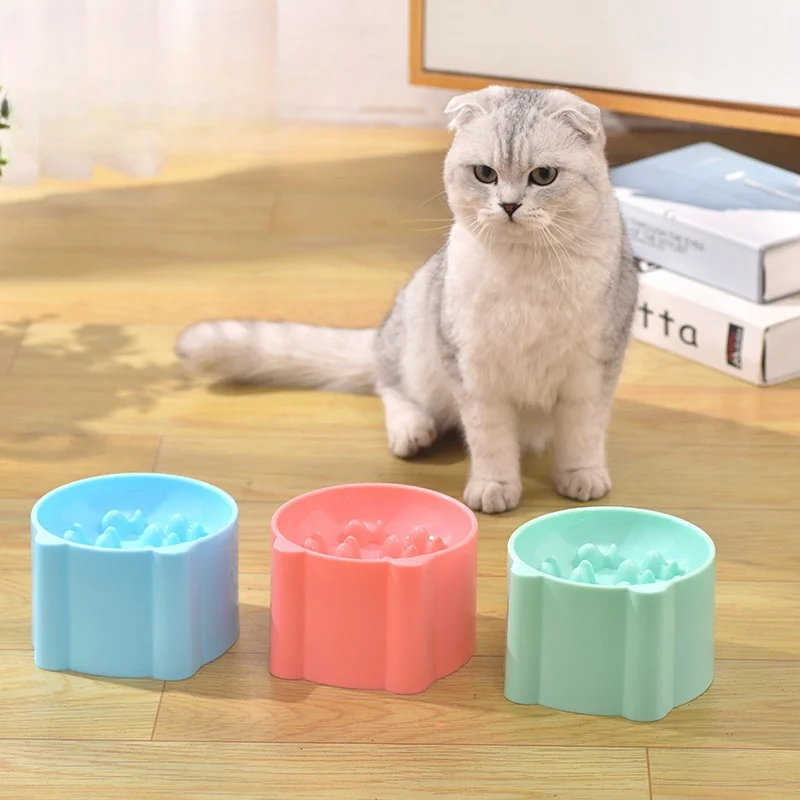 Cuenco antiasfixia de pie alto para mascotas, dispensador de alimentador de protección de cuello, forma de dibujos animados, cuenco de comida de agua lento para gatos y perros, accesorios para gatos