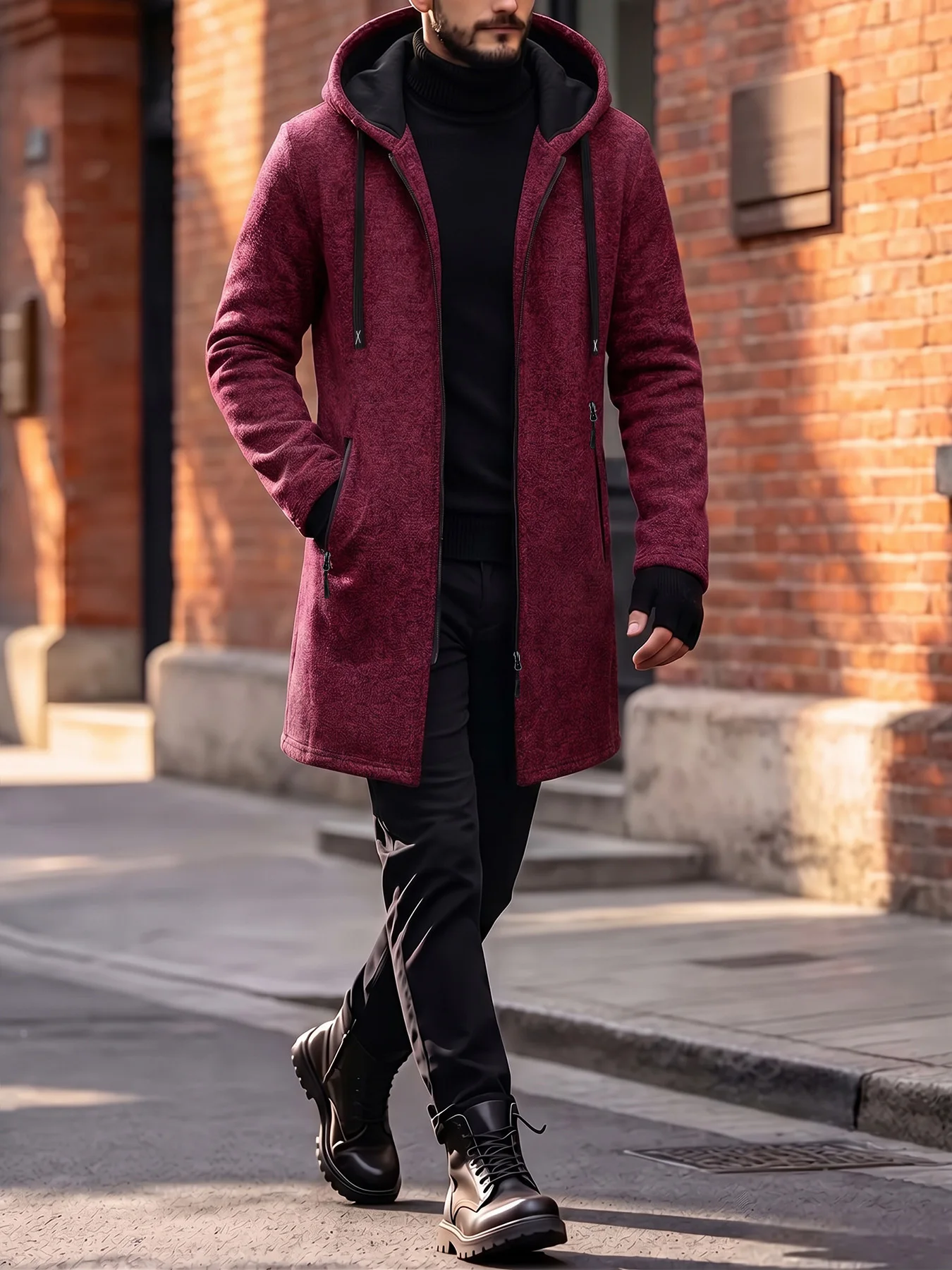 Mens Relaxed Fit Long Hooded Full Zip Jacket Drawstring Hood Zippered Side Pockets Daily Casual Outerwear
