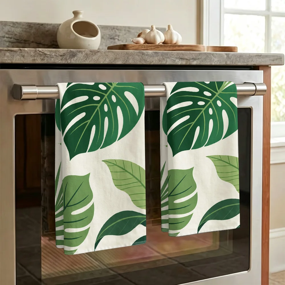 1pc/2pcs Tropical Green Leaf Print Kitchen Towel-Super absorbent, reusable polyester dishcloths perfect for home decor, cooking,