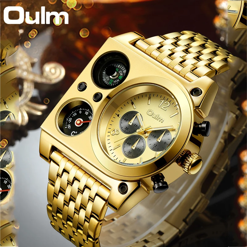 OULM Luxury Military Men Watches Compass Temperature Display Movement Three Time Clock Big Dial Quartz Business Men WristWatch