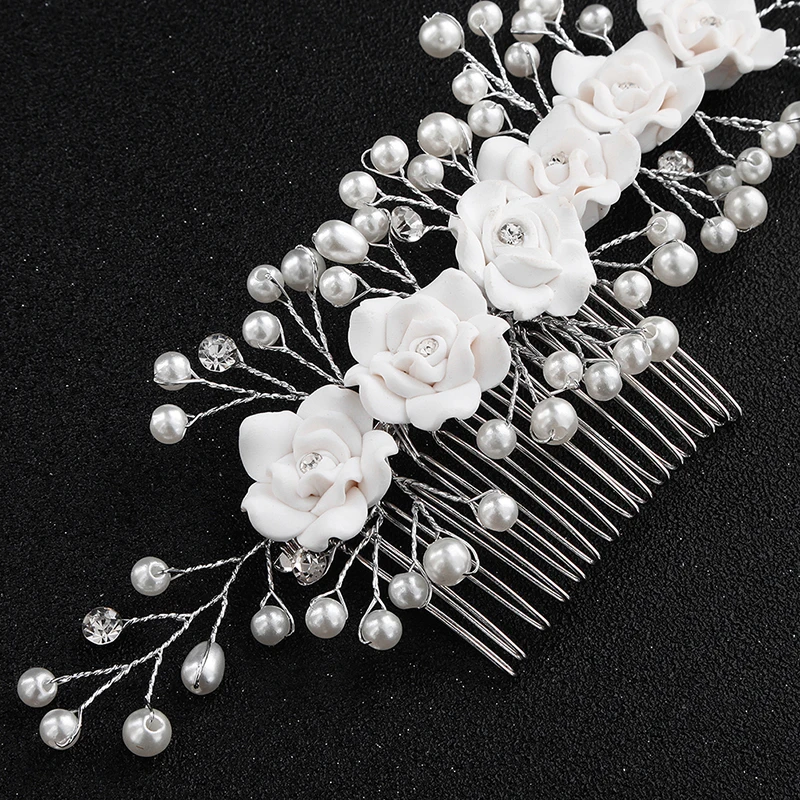 Newest White Pottery Flower Pearls Hair Combs Handmade Austrian Crystal Wedding Hair Jewelry Accessories Bride Hairpieces