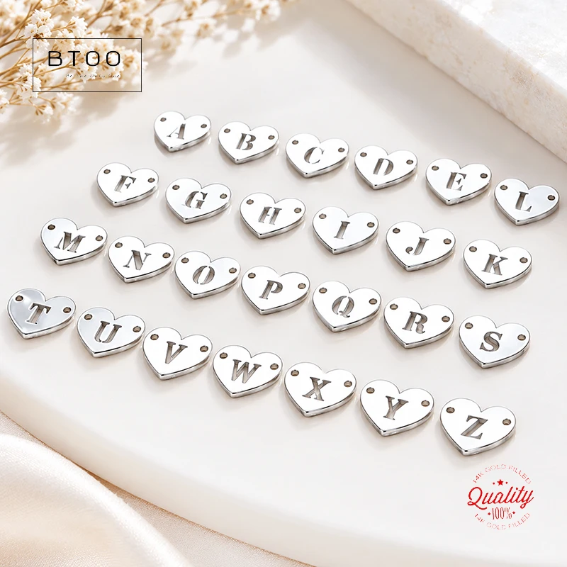 925 Sterling Silver A-Z Letter Heart Connector Minimalist Dainty Charm Jewelry Findings with 2 Holes 7.8x6.4mm for Wholesale