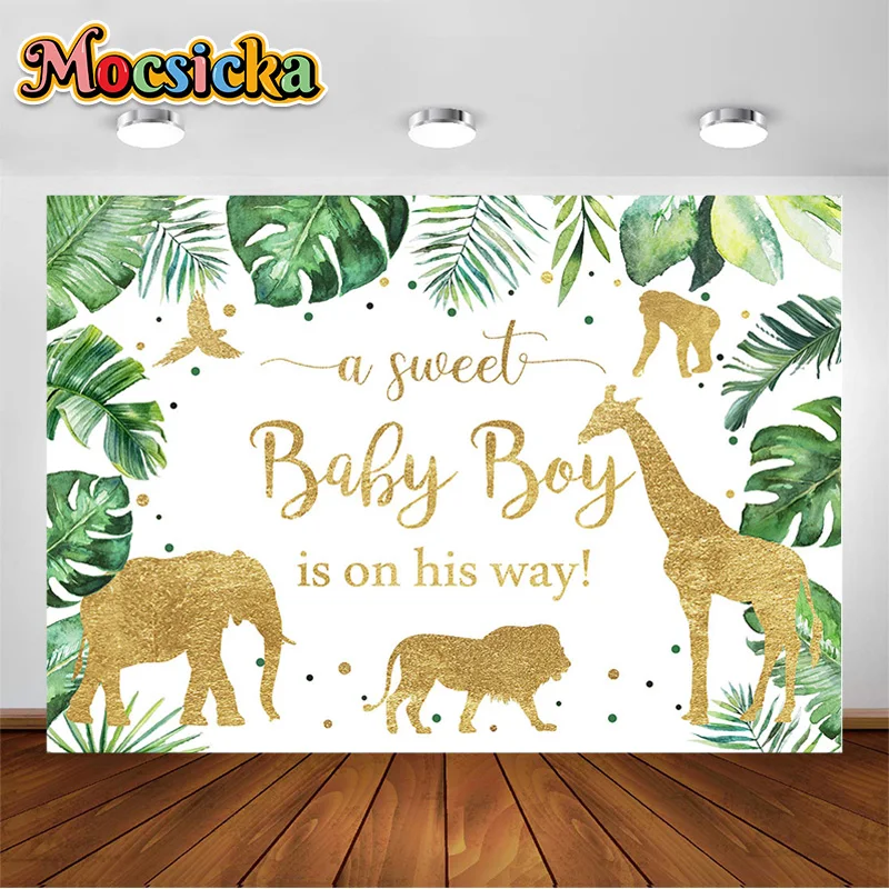 

Gold Safari Baby Shower Party Backdrop Green Leaves Jungle Animals Sweet Baby Boy Photography Background It's a Boy Newborn Baby