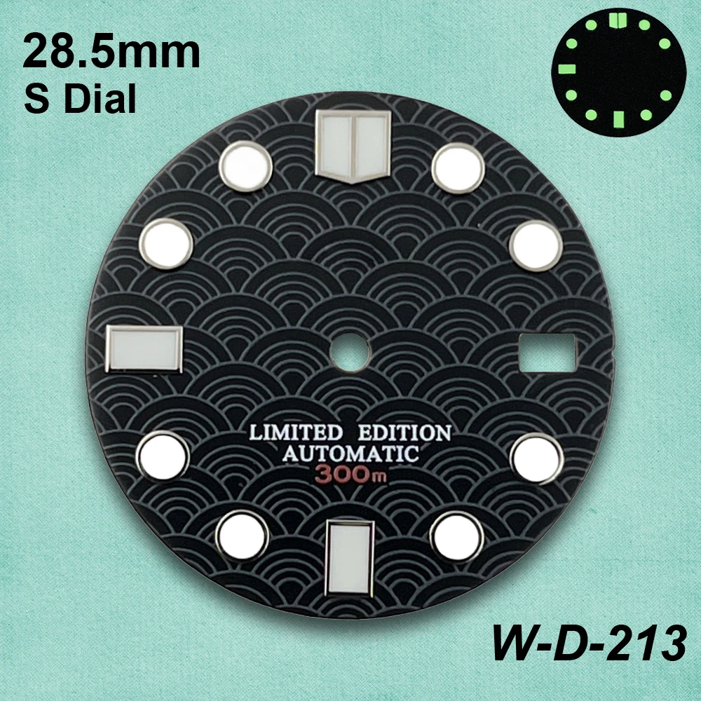 28.5mm S Logo Fish Scale Dial DIal Suitable For NH35/NH36 Movement Green Luminous High Quality Watch Modification Accessories