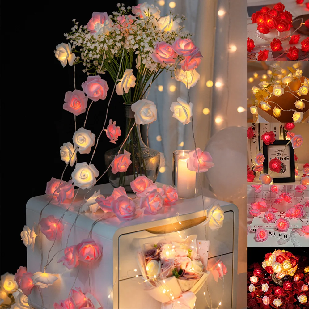 3m 20leds Valentine's Day Rose Flower String Lights Battery Operated Romantic Red Pink Rose Lights Artificial Flowers Led Lamp
