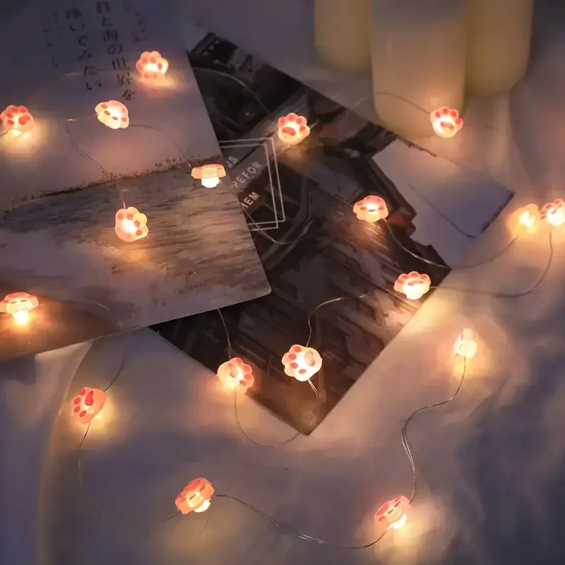 1pc 2M 20LED Pink Cute Cat Paw String Light Hanging Decorative Copper Wire Fairy Lamps Battery Powered For Home Bedroom Decor