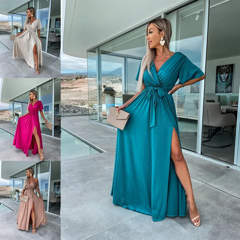 Formal Evening Dress Classic Long Sleeveless High Wasit Dresses Chiffon V Neck Vestidos De Noche Evening Dresses With Belt Cloth