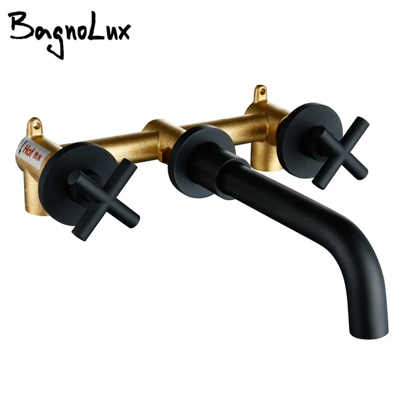 Taps Top Fashion New Arrival Wall Sink Basin Mixer Tap Set Bathroom Spout Faucet With Double Lever In Matt Black/Polished Gold