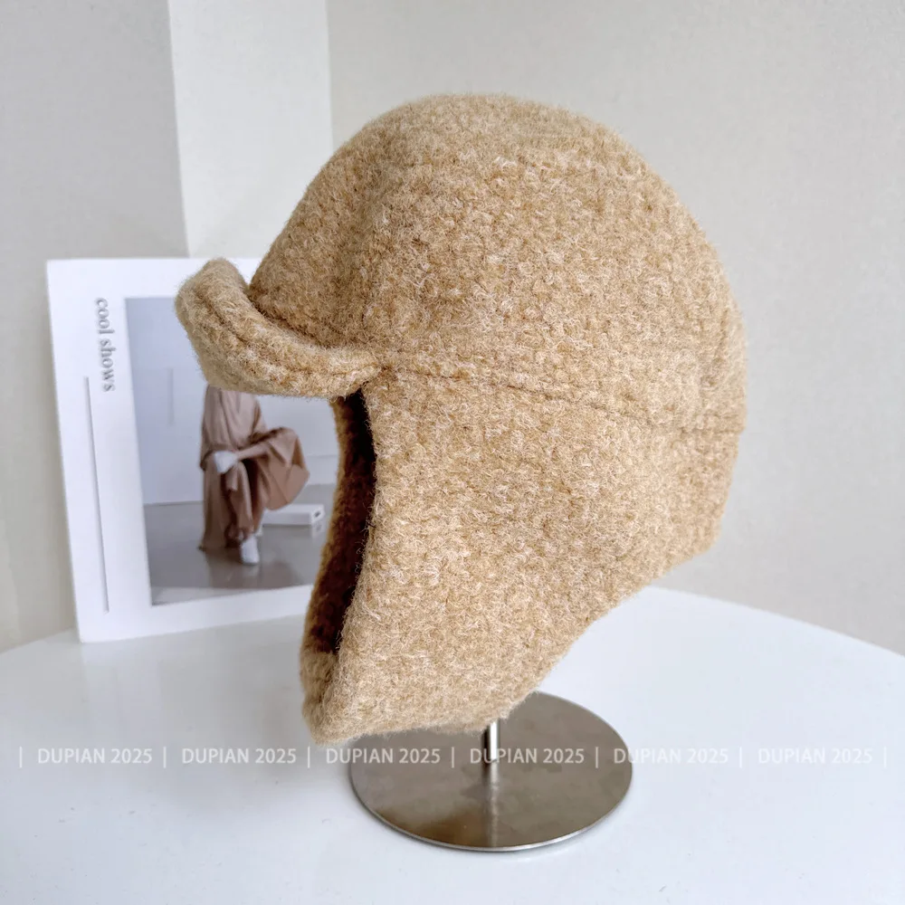 Japanese Solid Color Lamb Wool Bomber Hat Women Autumn Winter Fleece Thickened Cap Outdoor Ear Protection Hat Flying Hat Tide