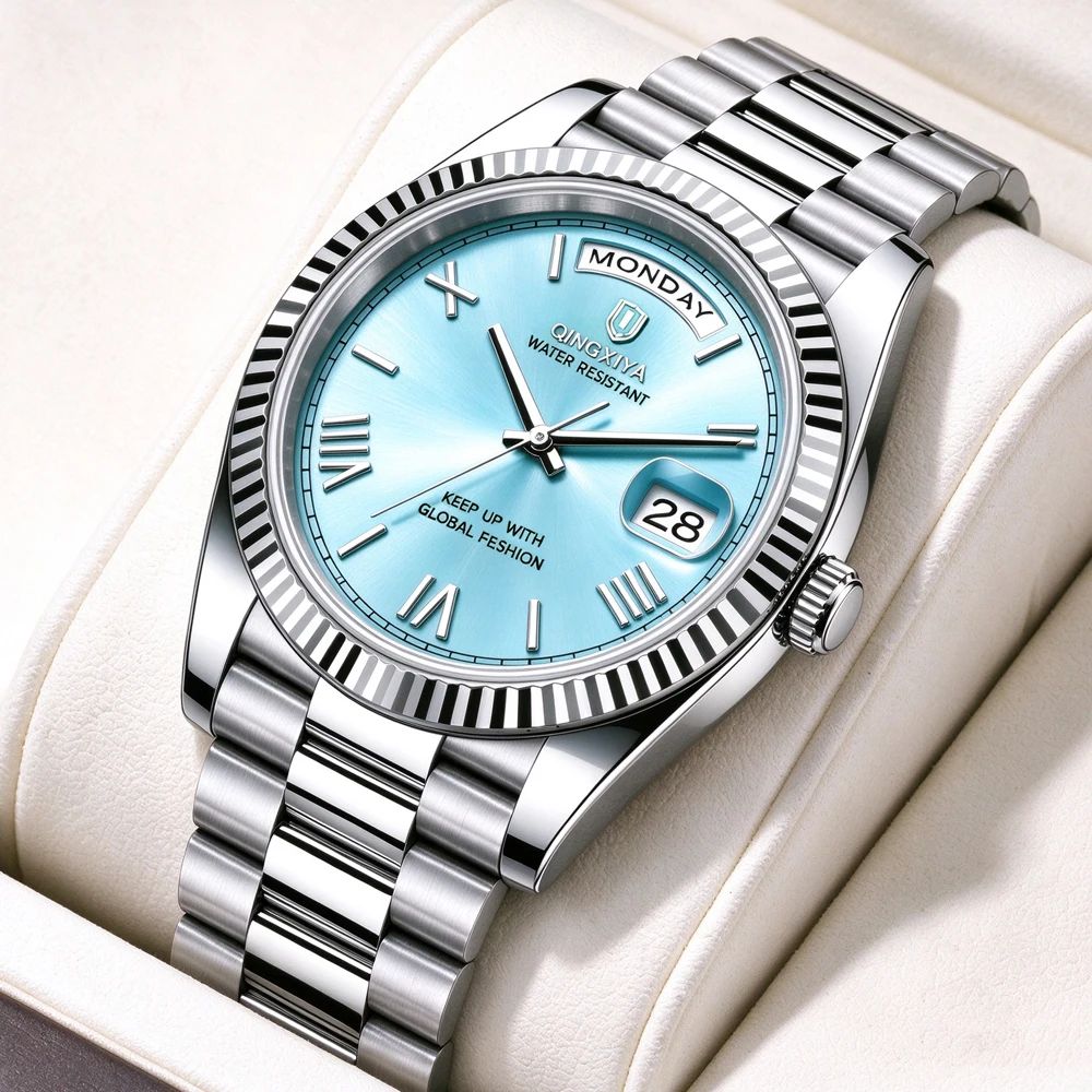 QINGXIYA Luxury Stainless Steel Quartz Watches For Men Fashion Week Date Display Waterproof Men's Wristwatch Relogios Masculino
