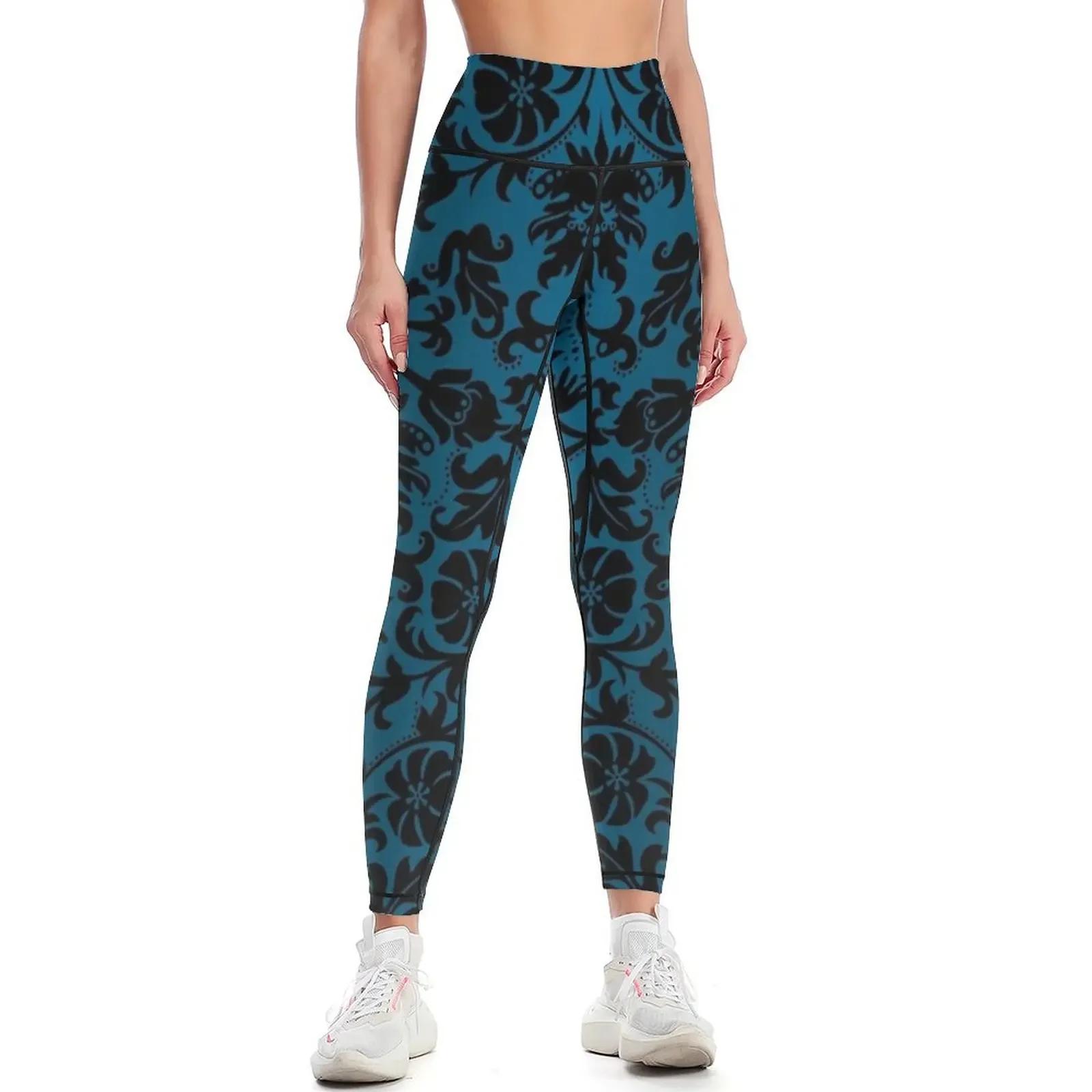 

Teal and Black Floral Damask Leggings gym clothing workout shorts Womens Leggings