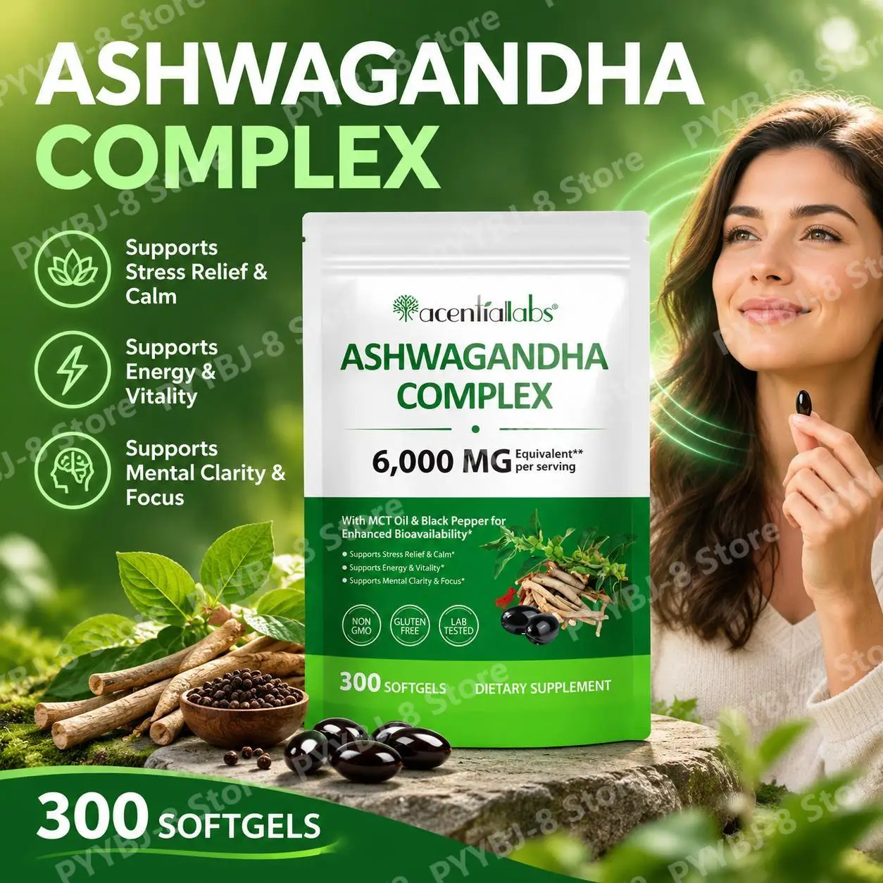 Ashwagandha  MCT Oil Complex Softgels, Support Stress Relief, Calm Mood, Mental Clarity, Energy & Focus,300 Softgels