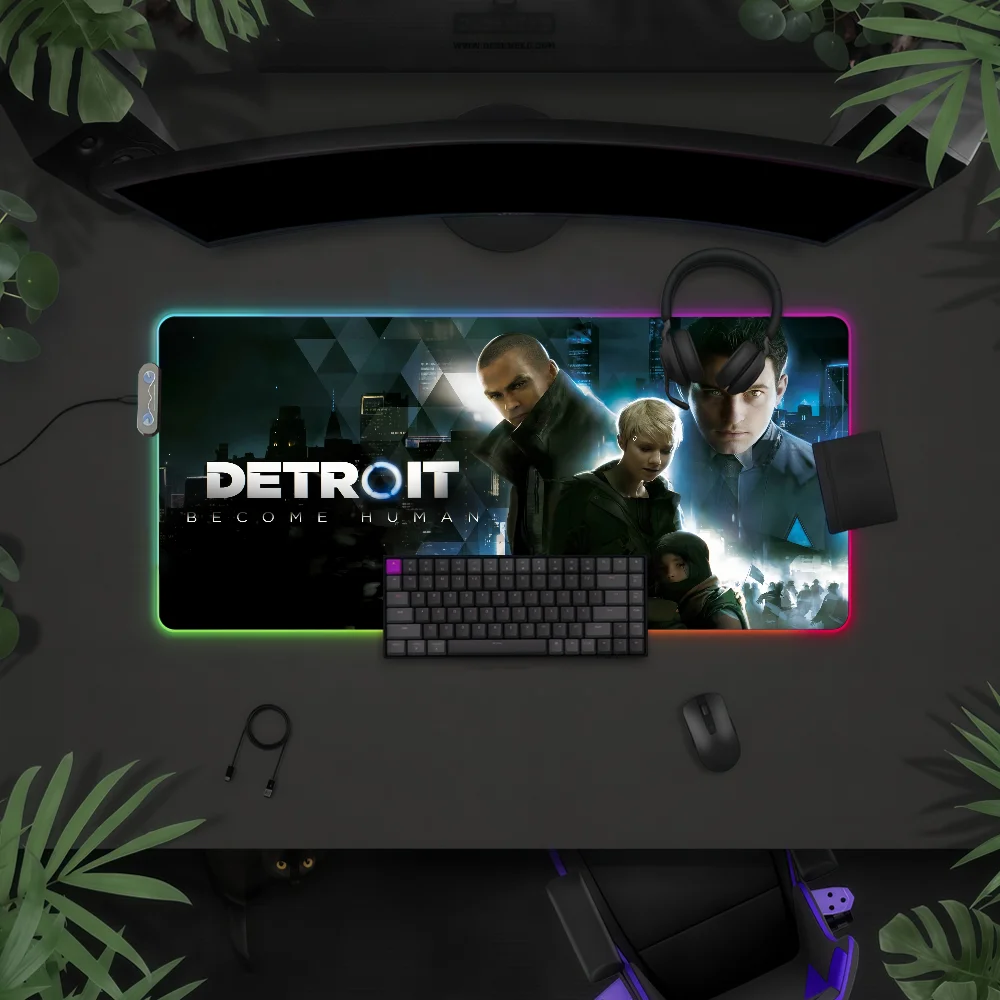 

Игровой коврик для мыши D-Detroit Become Human с RGB LED-подсветкой, красочный, для игровой клавиатуры, нескользящий, водонепроницаемый, для стола