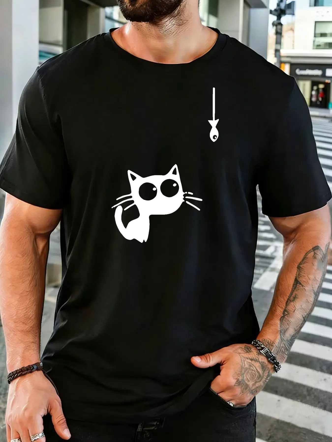 Minimal Kitten And Fish Hook Silhouette Print Mens Breathable Cotton Round Neck Short Sleeve Loose Cat Fan Daily Streetwear Top