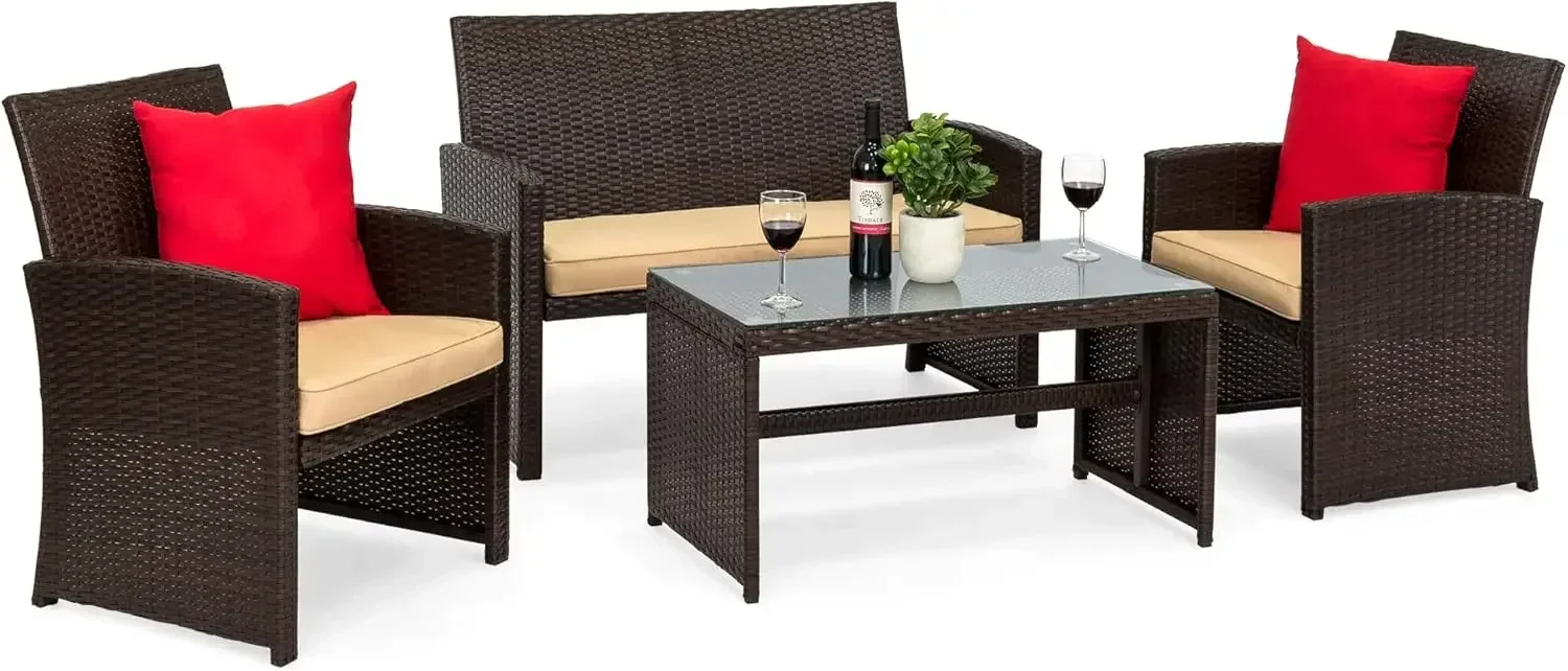 4-Piece Outdoor Wicker Patio Conversation Furniture Set for Backyard w/Coffee Table, Seat Cushions - Brown/Beige