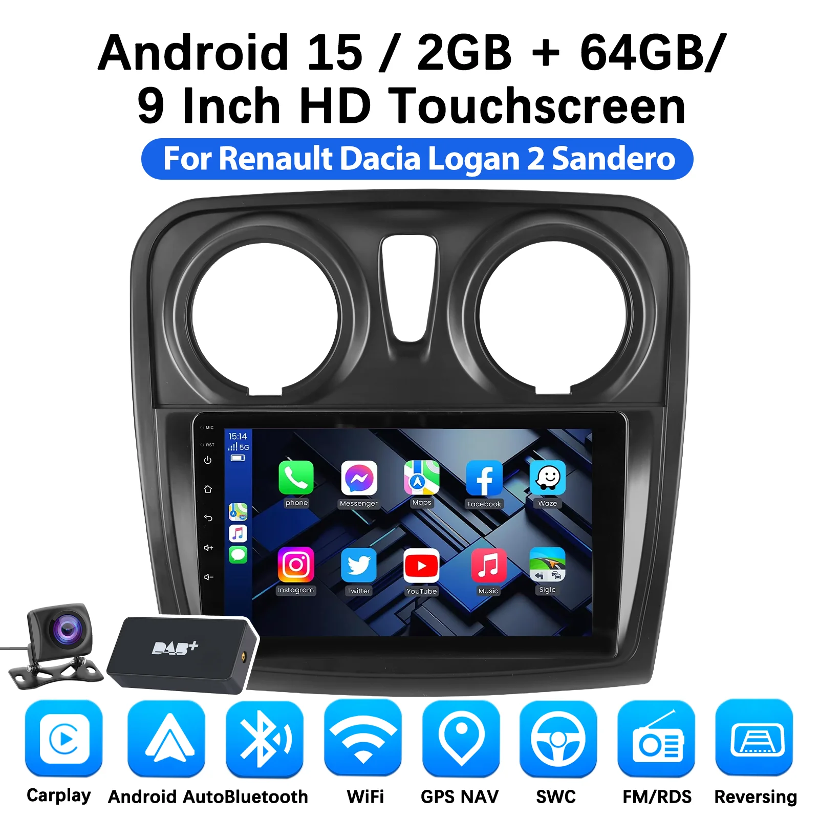 DAB+ Android 15 autoradio voor Renault Logan 2 2012 - 2019 Sandero 2 2014 - 2019 Multimedia Navigatie Carplay Head Unit 2 Din