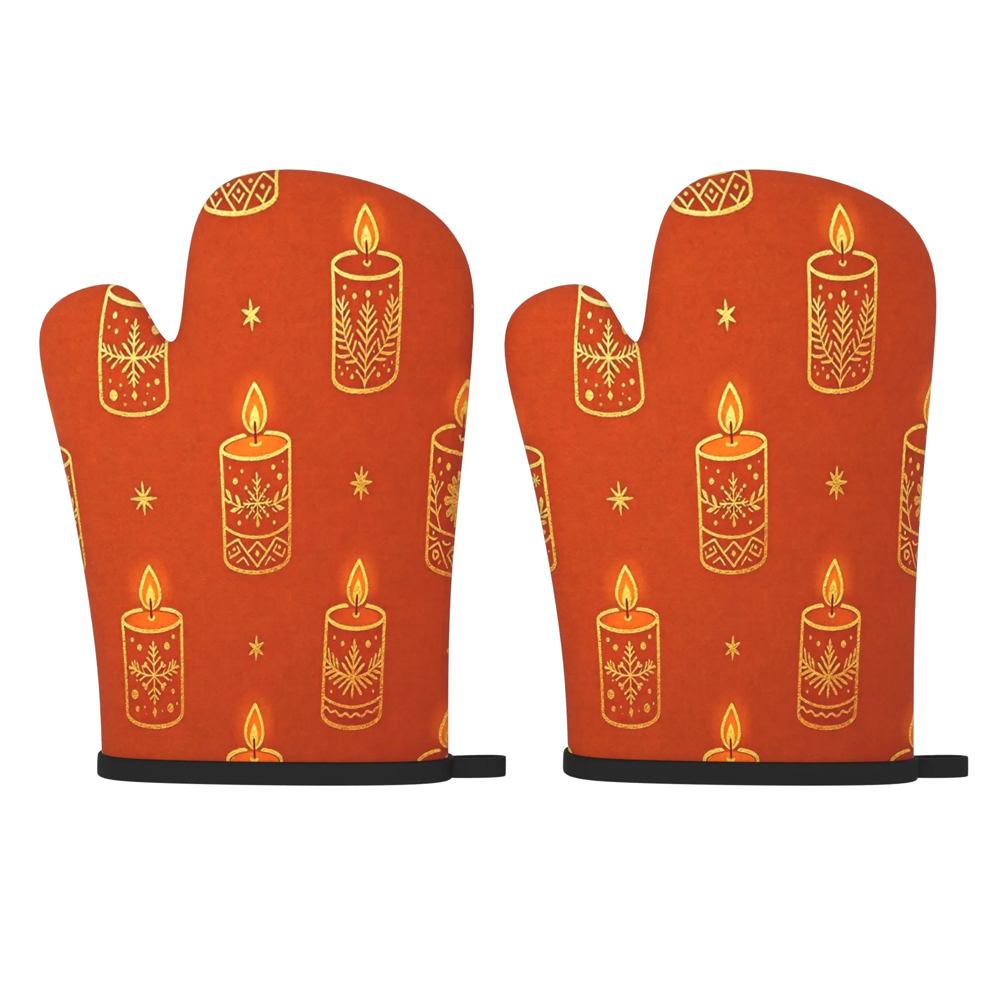 2pcs Set 10.6 X 6.7 Inch Kitchen Oven Mitts, Christmas Orange Candle Wick Snowflake Pattern with Candle, Snowflake