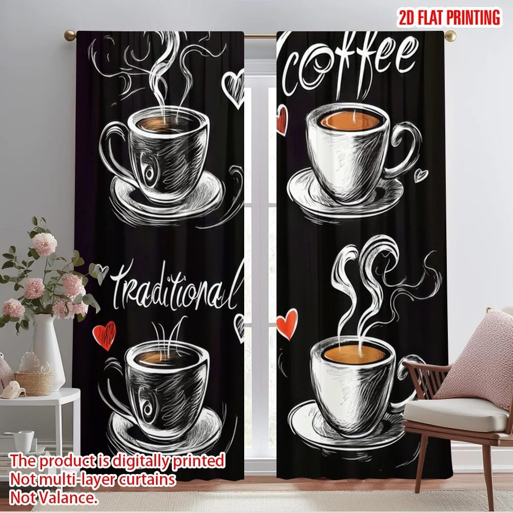 2pcs,2D plane printing Curtains Coffee Love Art Versatile Fabric (without rod) Art Deco Festive Perfect for Bedroom, Living