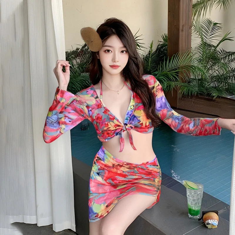 

Сексуальные комплекты бикини с цветочным принтом, 4 предмета: купальники с длинными рукавами, укороченный топ-накидка и мини-юбка на завязках, пляжная одежда, бикини.