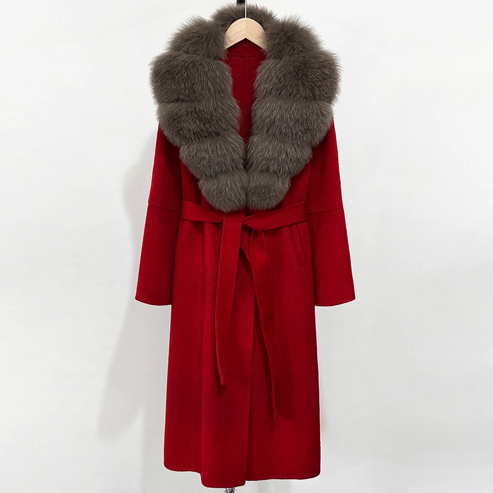 الواقع سترة الفراء النساء الخريف ملابس علوية الإناث سترة صوفية جديدة موضة معطف الصوف الدافئ الربيع طويل كبير الثعلب الفراء الأصفاد