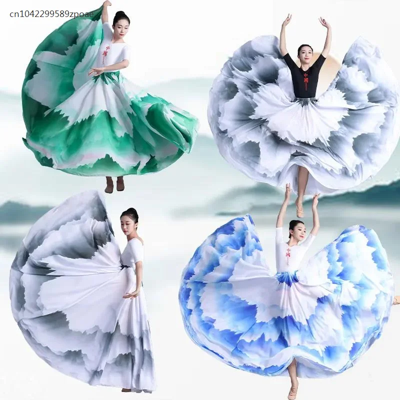 

360/720 Degree Chinese Style Ink Painting Skirt Big Swing Chiffon Skirt Lady Classical Dance Skirts Practice Performance Dress