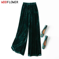 Women Velvet Silk Long Pants 100% Mulberry Silk Lining Dark Green Loose Type Wide Leg Pants Elegant Trousers Office Lady M1195