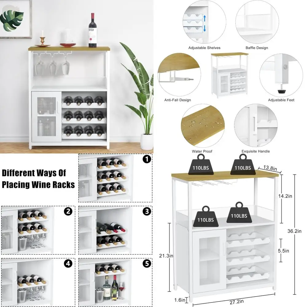 Wine Bar Cabinet with Detachable Rack, Storage and Glass Holder, Mesh Door, Compact Buffet Sideboard for Home