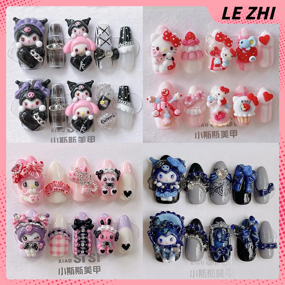 5D Doll Handmade Sanriod Press On Nails Hello Kitty Cinnamoroll Mymelody Kuromi High-End Customization Cute Full Cover Nail Tips