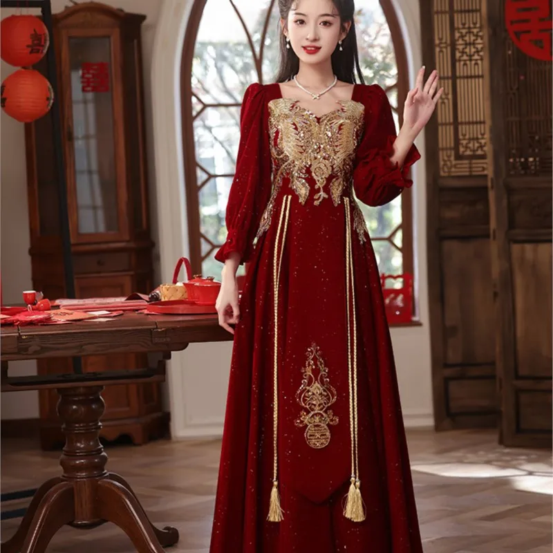 Large size toasting fashion order wine red long sleeve velvet dress