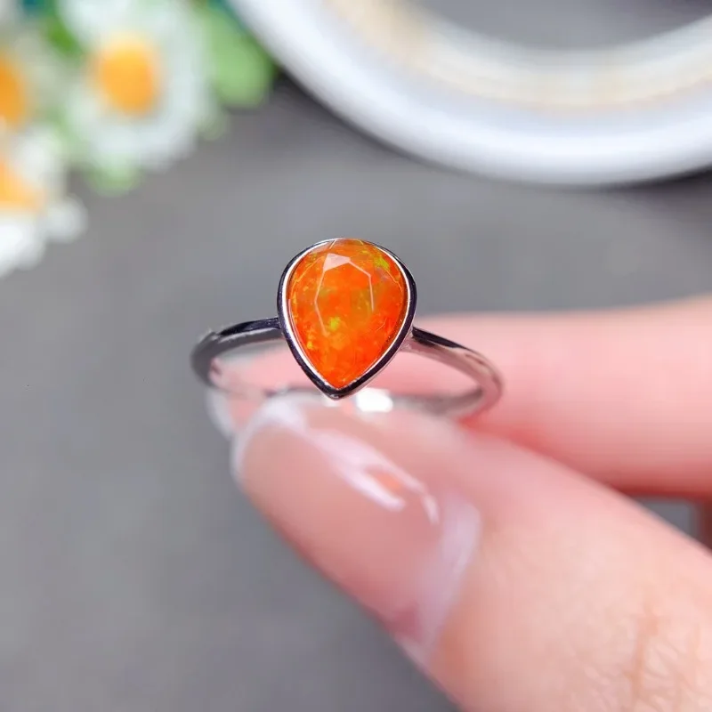 100% Genuine 925 Sterling Silver Oval Water Drop Orange Fire Opal Ring for Women Fine Jewelry Birthstone Ring Gift