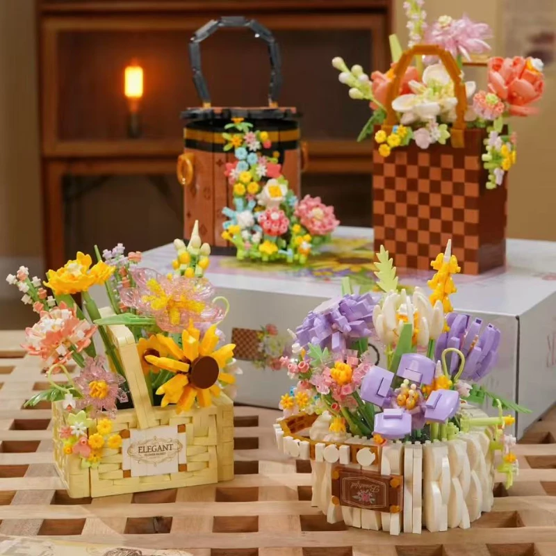 Eternal flower basket building block assembly toys, home decoration building block flower series as gifts for girls