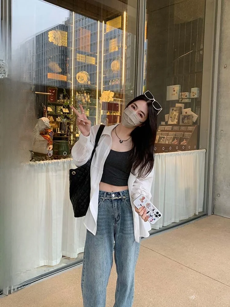 

Женская тонкая рубашка с длинным рукавом для защиты от солнца, новая осенняя модель, повседневный дизайн, корейская версия, с воротником и пуговицами