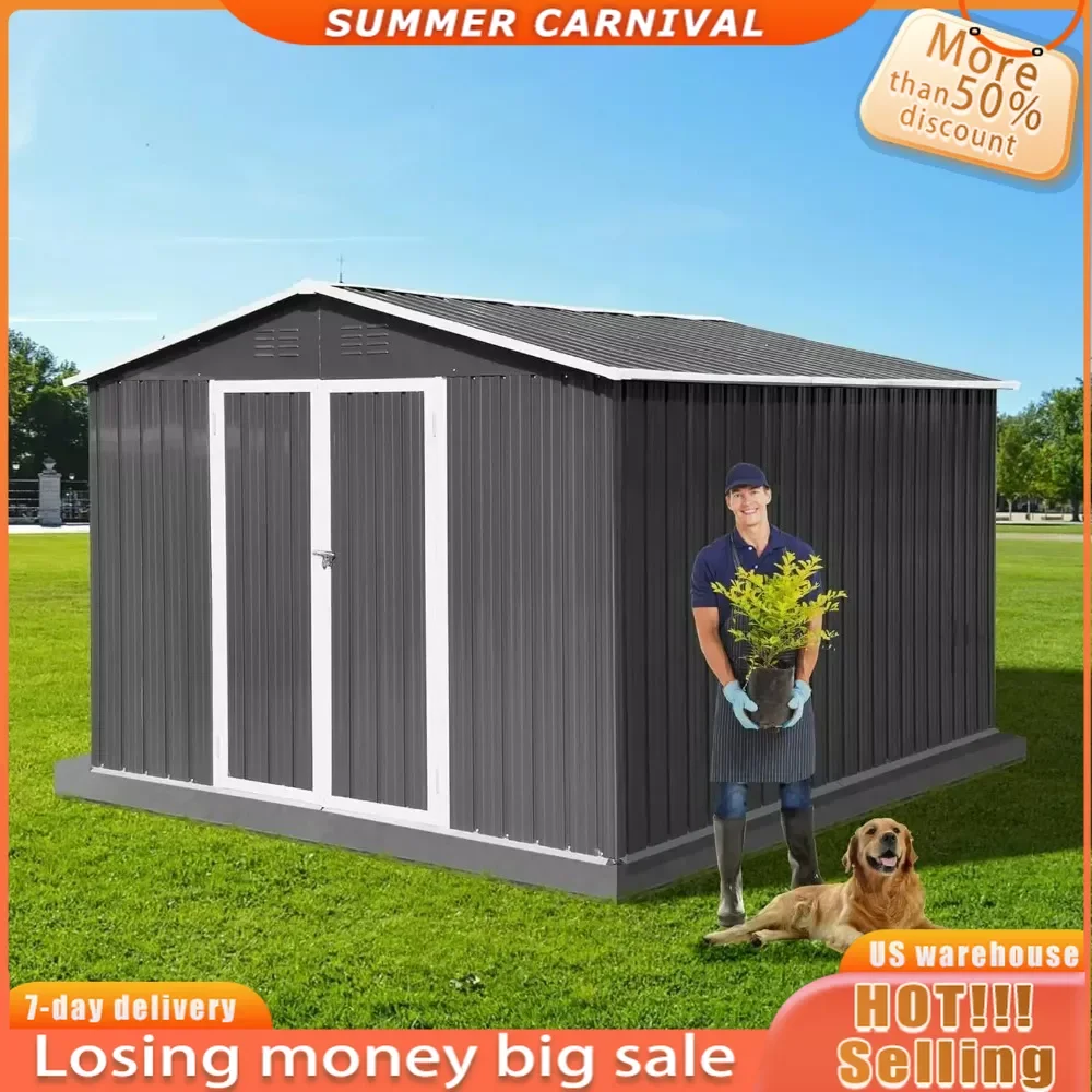 

Outdoor Storage Shed All Weather 10 x 8 ft with Lockable Double Doors for Garden Tools,Metal Garden Shed Toys and Sundries