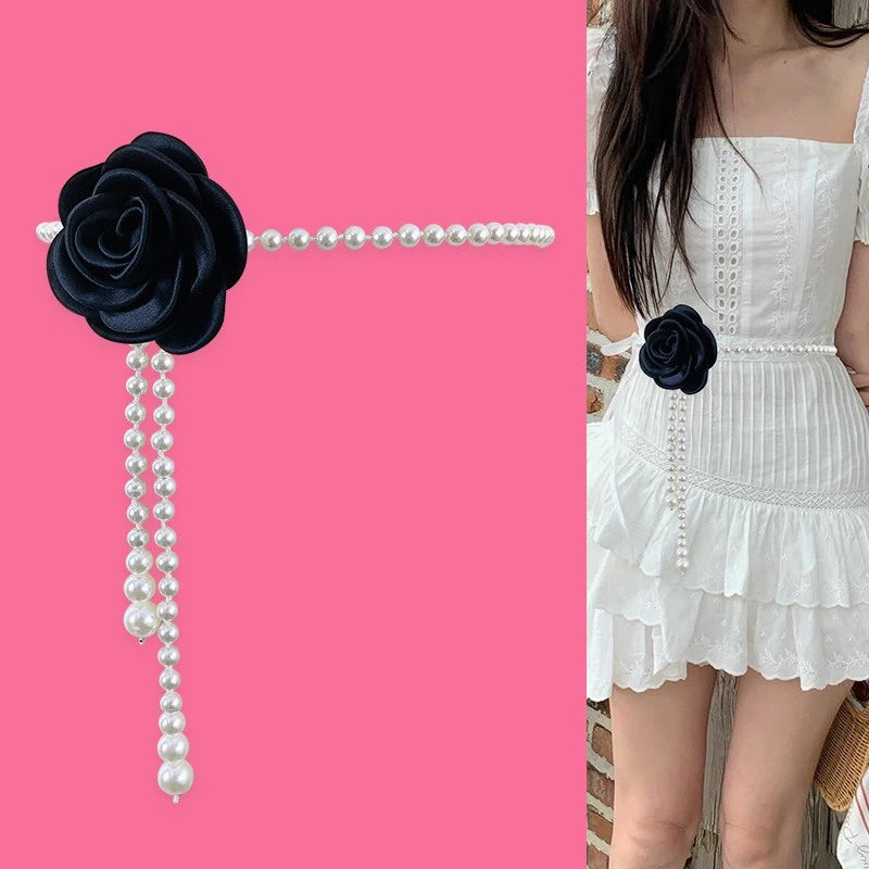 Cinturones de diseñador para mujer, cinturón largo blanco de lujo de alta calidad con perlas, pretina para vestido de mujer, corsé ajustable con flores