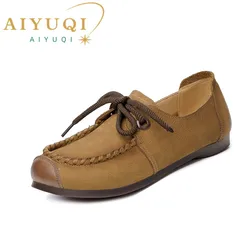 AIYUQI Women's Loafers Spring 2024 New Genuine Leather Casual Shoes Women Lace-Up Retro Flat Shoes Women