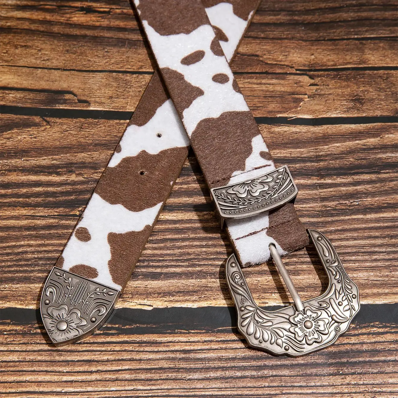 قطعة واحدة من حزام نسائي كاجوال بطبعة بقرة بنية اللون منقوش بإبزيم على شكل زهرة للجينز، حزام إكسسوار متعدد الاستخدامات. #4