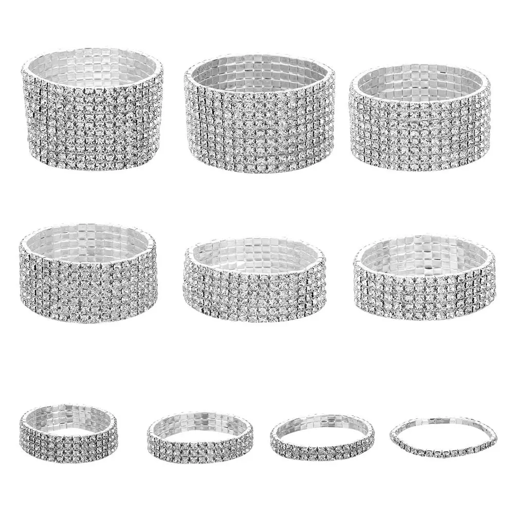 1-10 Rows Fashion Bridal Jewelry Crystal Rhinestone Wristband Elastic Bangle Stretch Bracelet