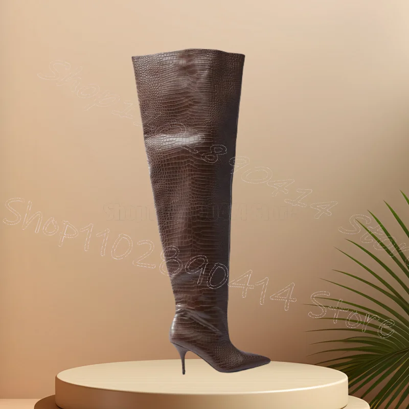 

Brown Alligator Print Thigh High Pointed Toe Boots Side Zipper Women Shoes Thin High Heels Party Dating 2025 Zapatos Para Mujere