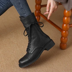 2024 New Autumn Winter Genuine Leather Women Shoes Lace-up Chelsea Women Boots Ankle Boots Chunky Boots Western Women Shoes