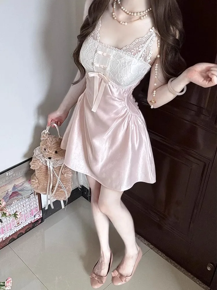 Fashion Retro Satin Mini Dress Women One-Piece Jacquard Floral Lace Bow Corset Cami Rompers Date Going Out Summer Clothes