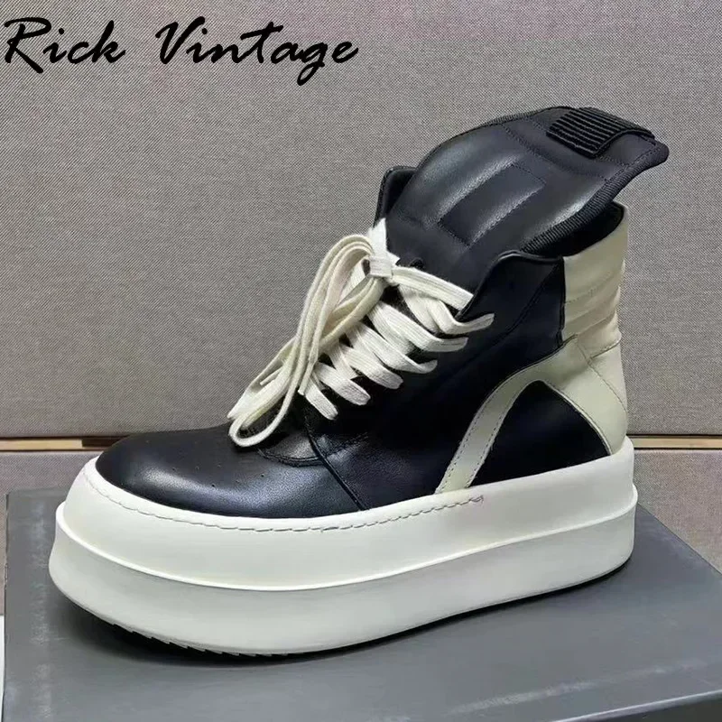 Rick Vintage Men Women High Top Platform Boots Leather Lace Up Casual Sneakers Thick Sole 7cm Black Luxury Rick Designer Shoes