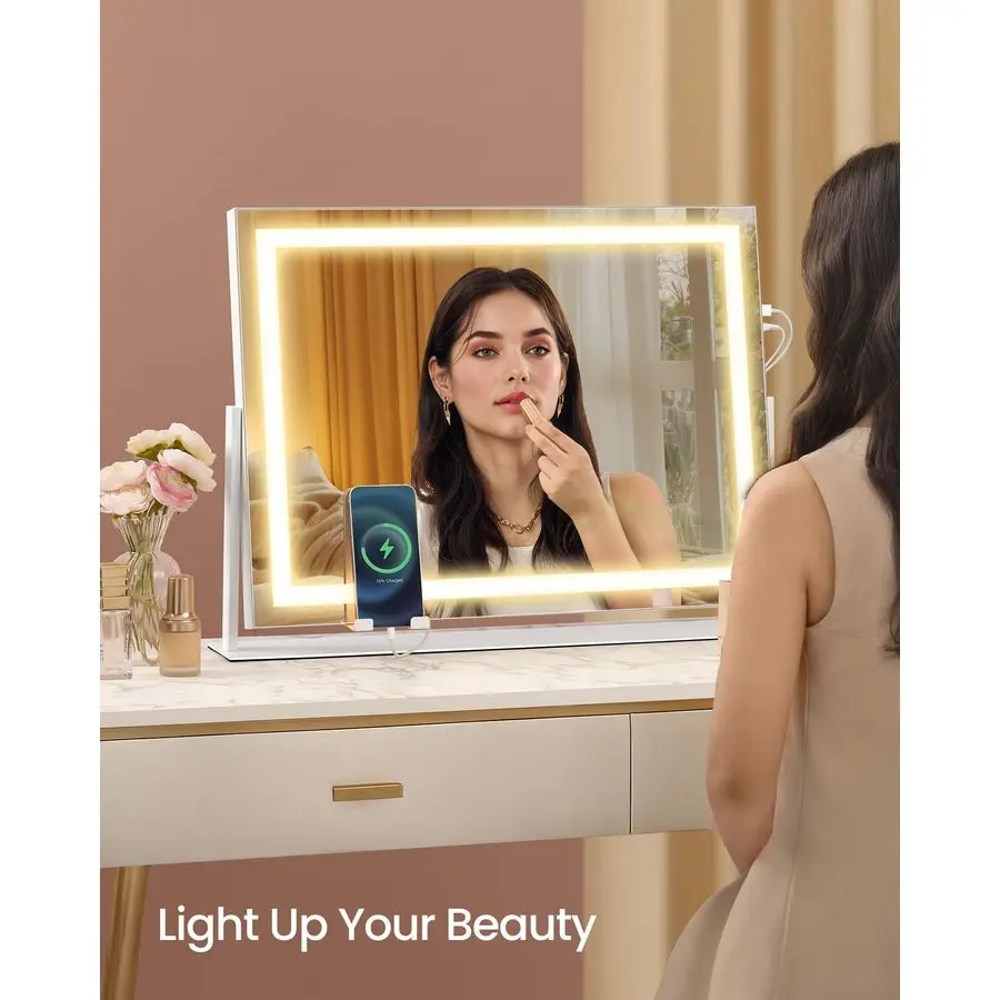 

Vanity Makeup Mirror with Lights, Touch Control, AngleAdjustable, Charging Ports, Detachable 10X Magnifying Mirror, 3 Color Temp