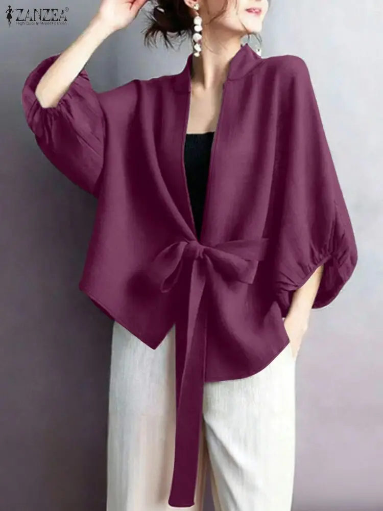 2025 ZANZEA Autumn Women Open Front Cardigan Thin Coats Stylish Solid OL Work Blouse Elegant V Neck Lantern Sleeve Tops Kimono