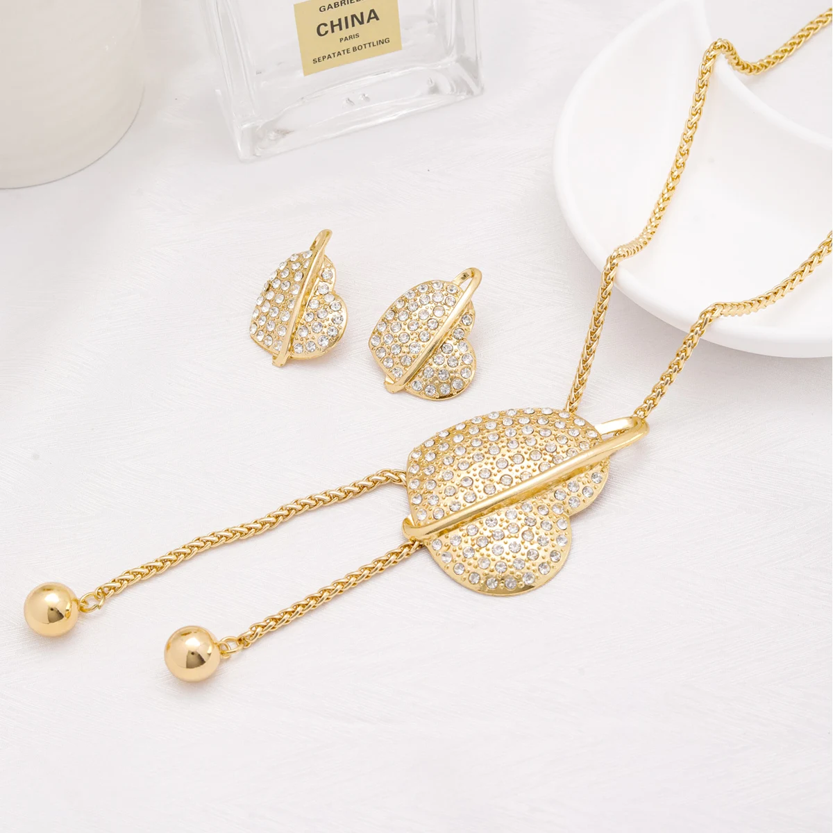 60CM Long Necklace Earrings For Women Adjustable Length Sweater Chain Gold Plated Fashion Jewelry Sets Wedding Party Gift