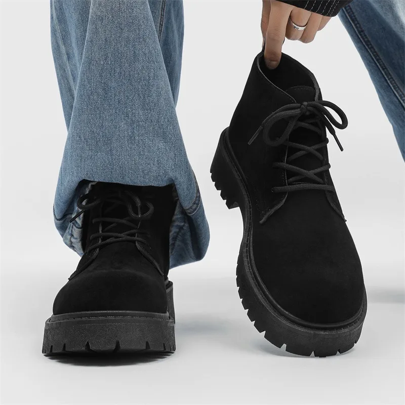 

New Men's High Top Leather Boots Retro Comfortable Work Shoes Anti Slip Wear Resistant Casual Shoes English Style Lace Up Boots