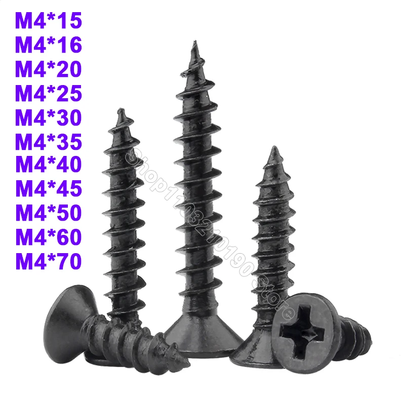 10-100Pcs M4 Black Cross Phillips Recessed Countersunk Flat Head Tapping Screws Wood Screw Cabinet Fiberboard Wall Drywall Nail