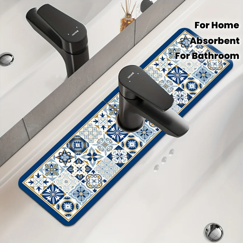 VIKAMA Multi-Compartment Stone Tile Sink Drain Mat: Absorbent, Quick-Drying Bathroom Vanity Faucet Mat for Home Decor