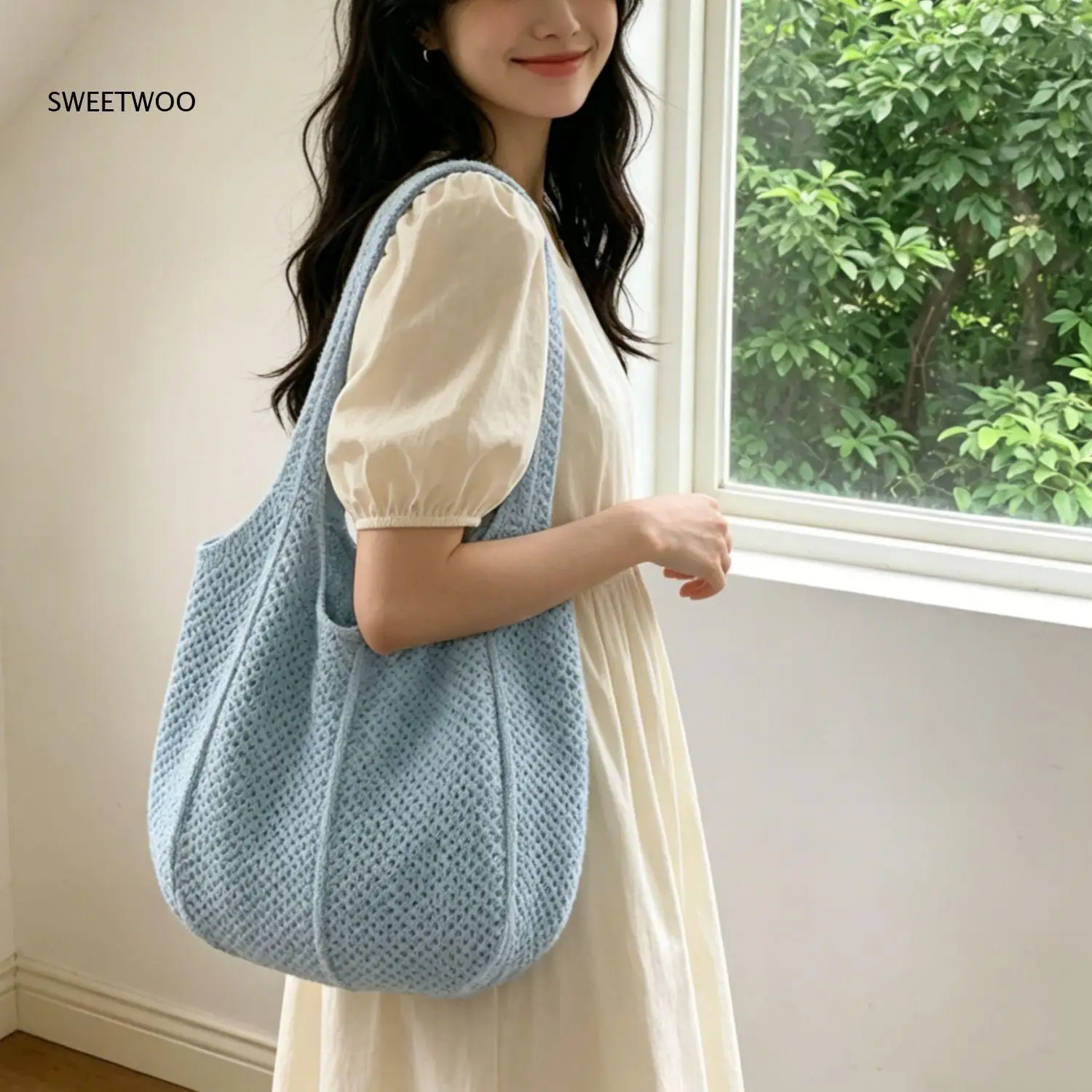 2026 Hollow Knit Mesh Tote Bag Breathable Crocheted Fabric Multi Pastel Tone Seaside Beach Vacation Women Shoulder Purse