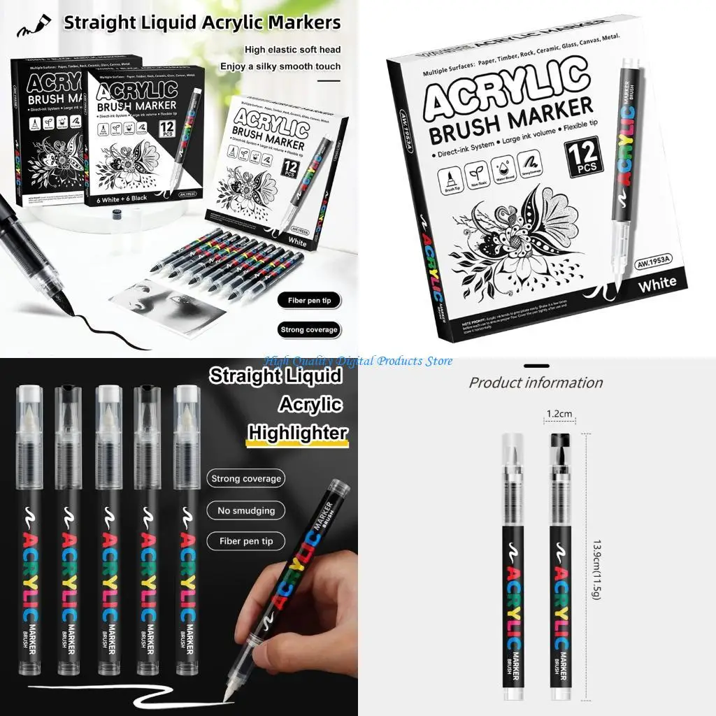 

U2JE White/Black Liquid Acrylic Marker Acrylic Paint Pen with Brush Tip for Drawing