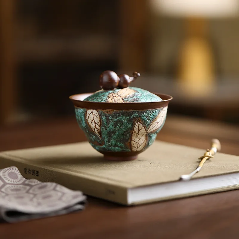 LTT old rock mud turquoise carved gourd cover bowl household non-hot coarse pottery tea maker